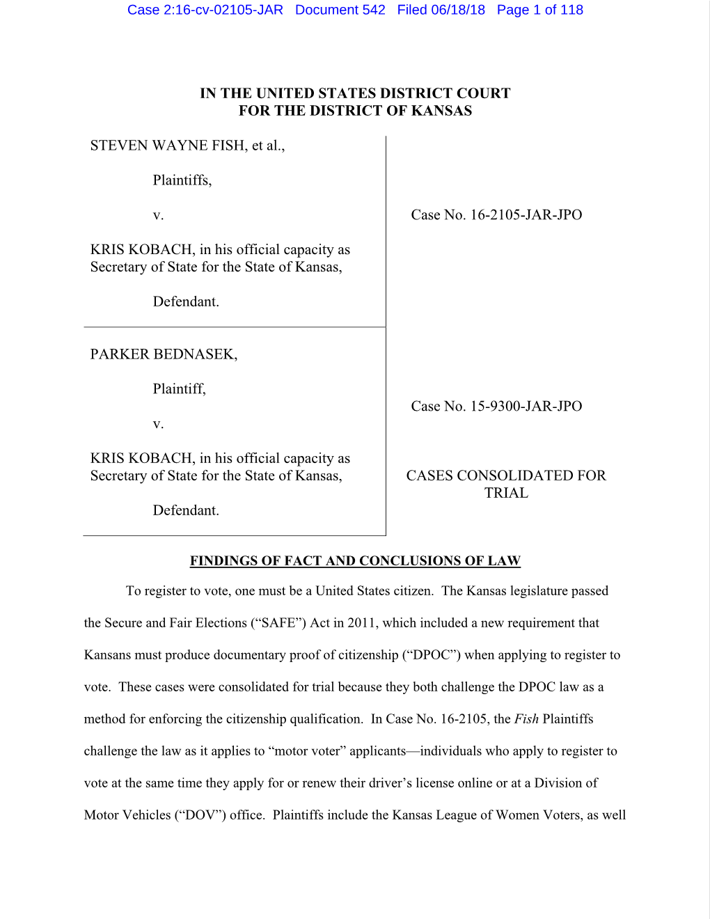 Case 2:16-Cv-02105-JAR Document 542 Filed 06/18/18 Page 1 of 118