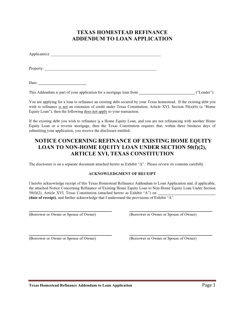 Texas Homestead Refinance Addendum to Application