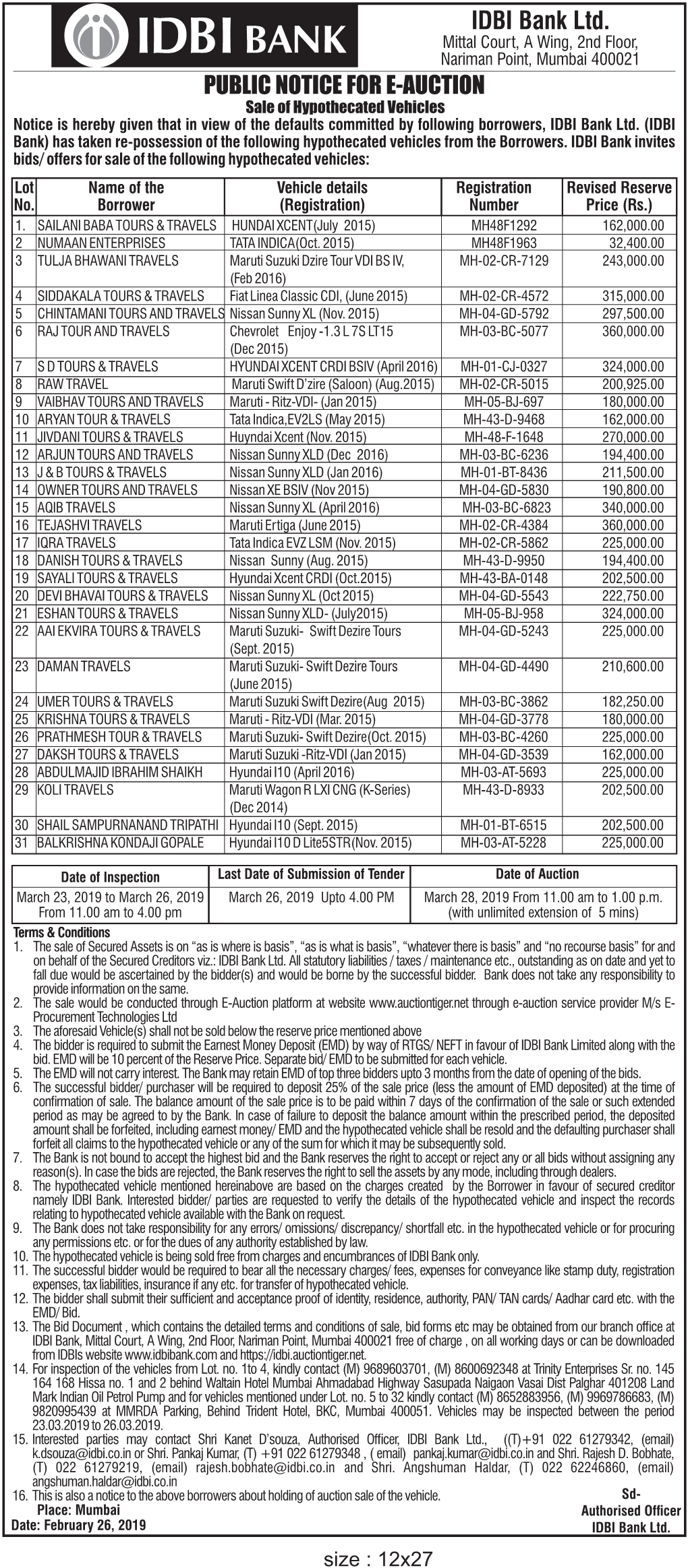 PUBLIC NOTICE for E-AUCTION IDBI Bank Ltd