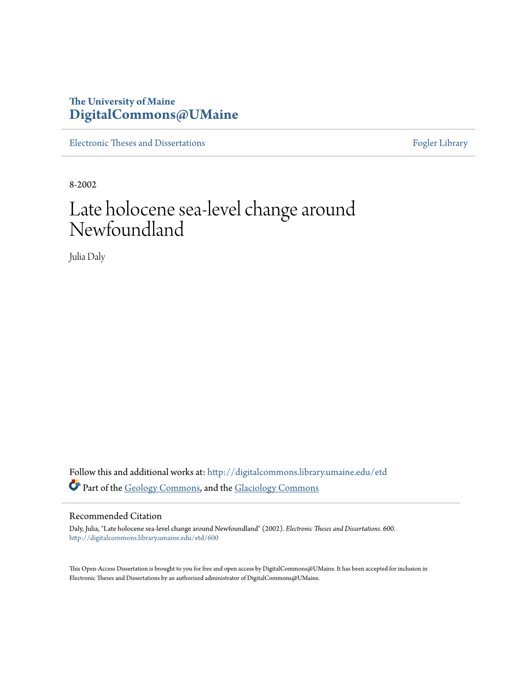 Late Holocene Sea-Level Change Around Newfoundland Julia Daly