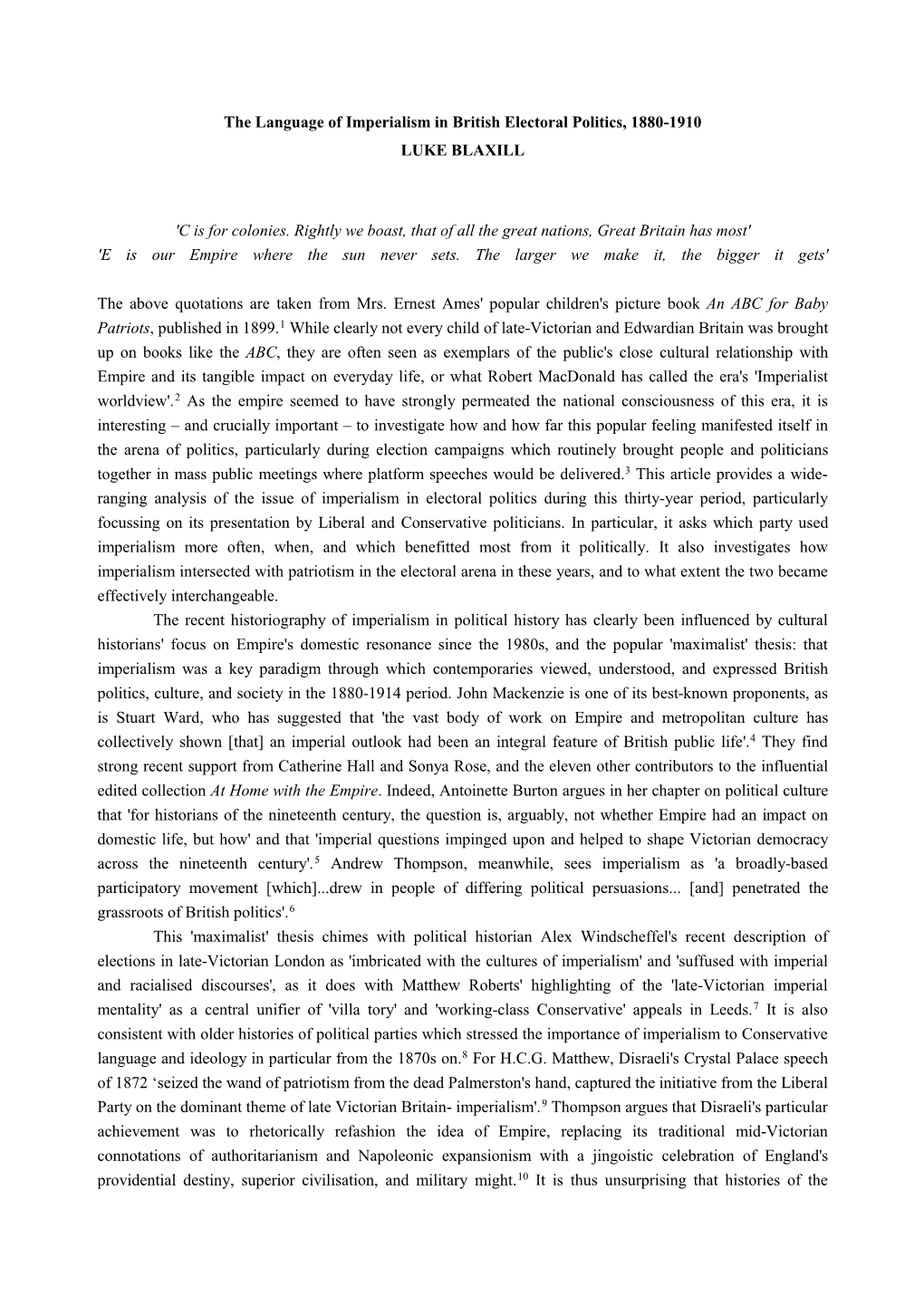 The Language of Imperialism in British Electoral Politics, 1880-1910 LUKE BLAXILL