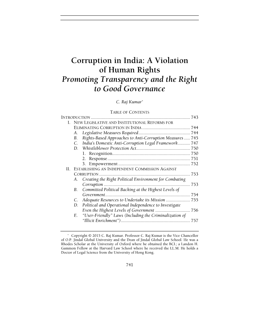 Corruption in India: a Violation of Human Rights Promoting Transparency and the Right to Good Governance