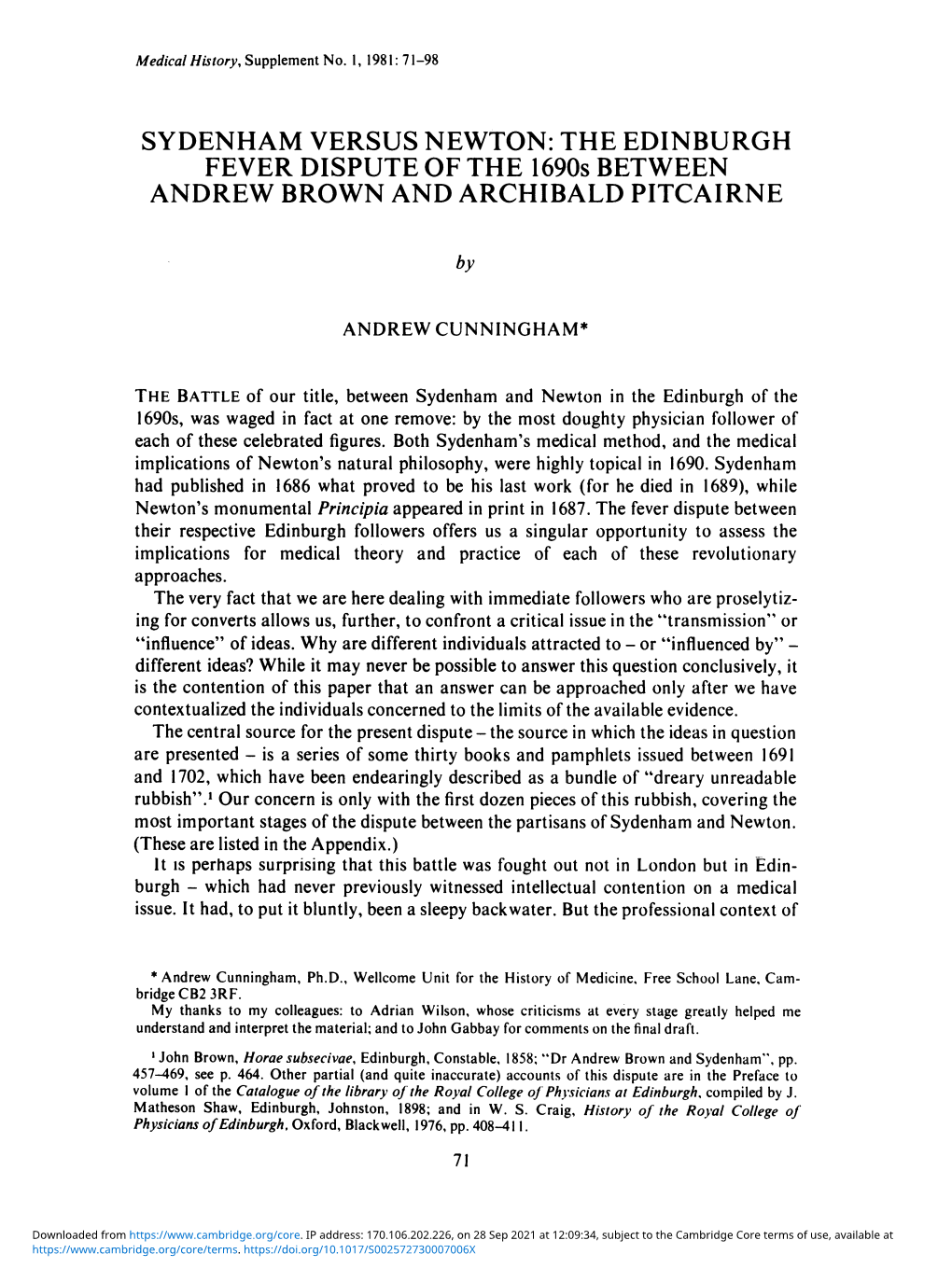 FEVER DISPUTE of the 1690S BETWEEN ANDREW BROWN and ARCHIBALD PITCAIRNE