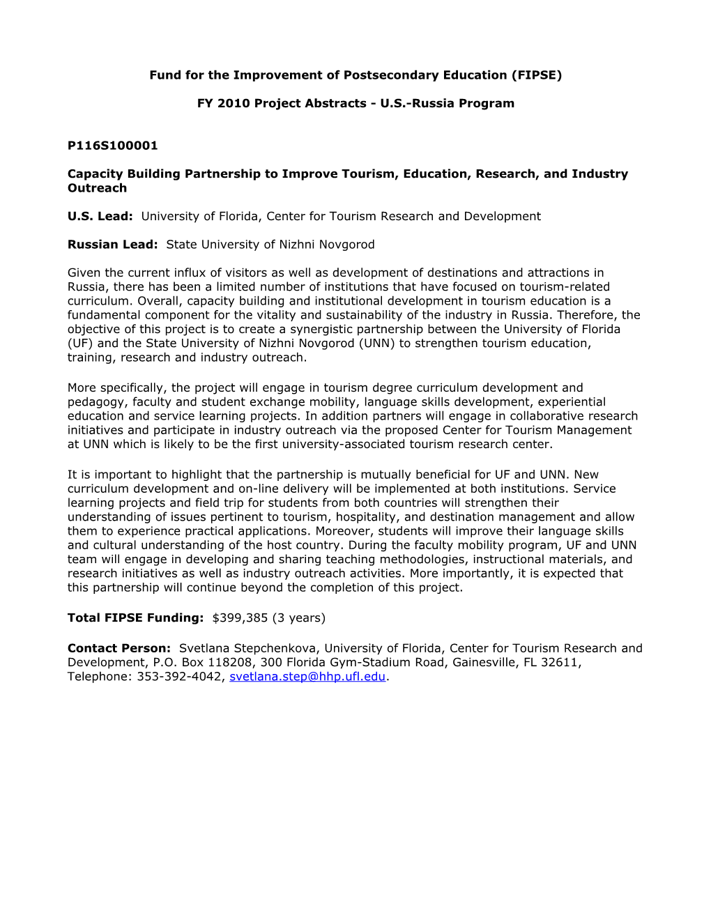 FY 2010 Project Abstracts for the FIPSE U.S.-Russia Program (MS Word)