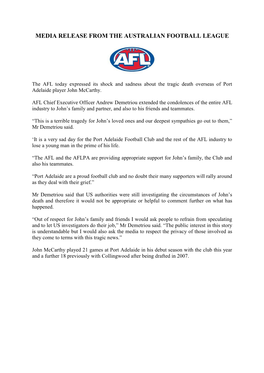 Media Release from the Australian Football League