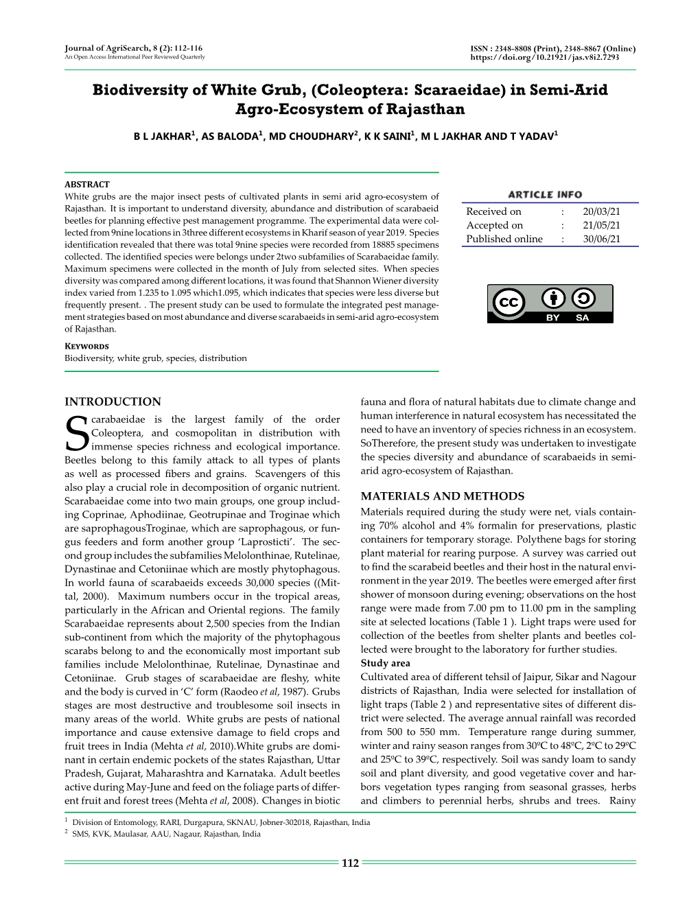 Biodiversity of White Grub, (Coleoptera: Scaraeidae) in Semi-Arid Agro-Ecosystem of Rajasthan