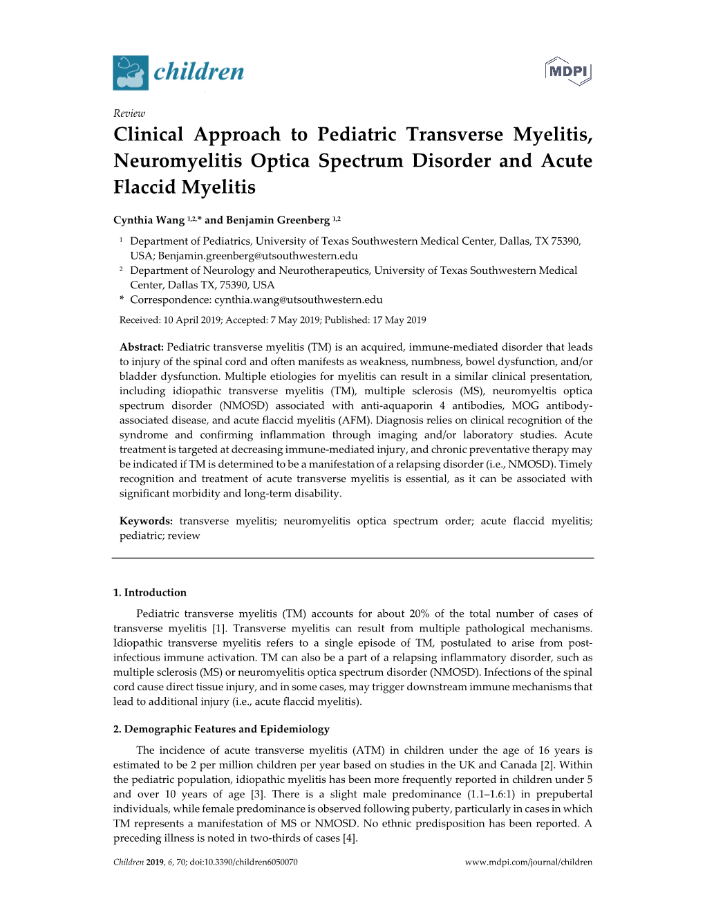 Clinical Approach to Pediatric Transverse Myelitis, Neuromyelitis Optica Spectrum Disorder and Acute Flaccid Myelitis