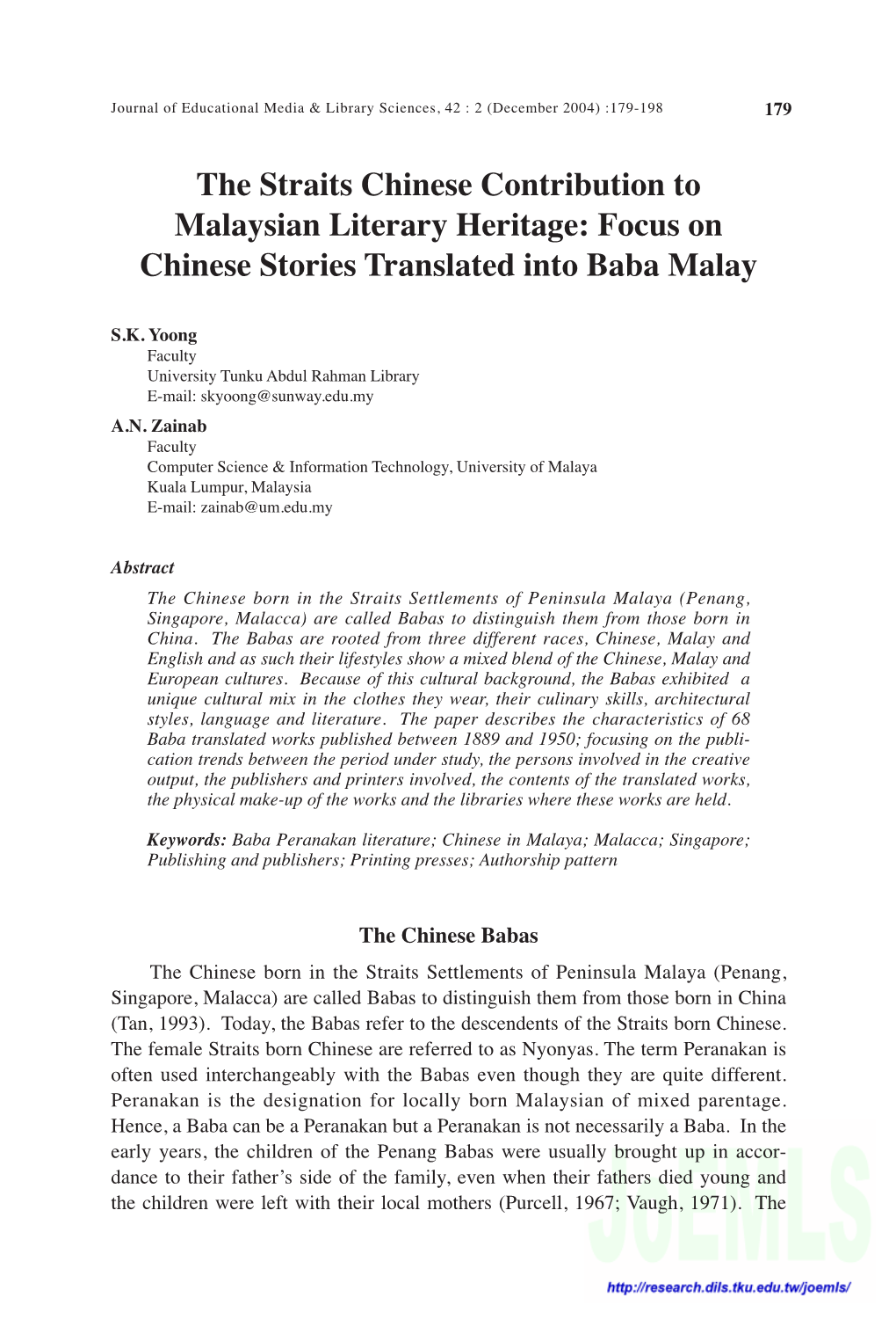 The Straits Chinese Contribution to Malaysian Literary Heritage: Focus On