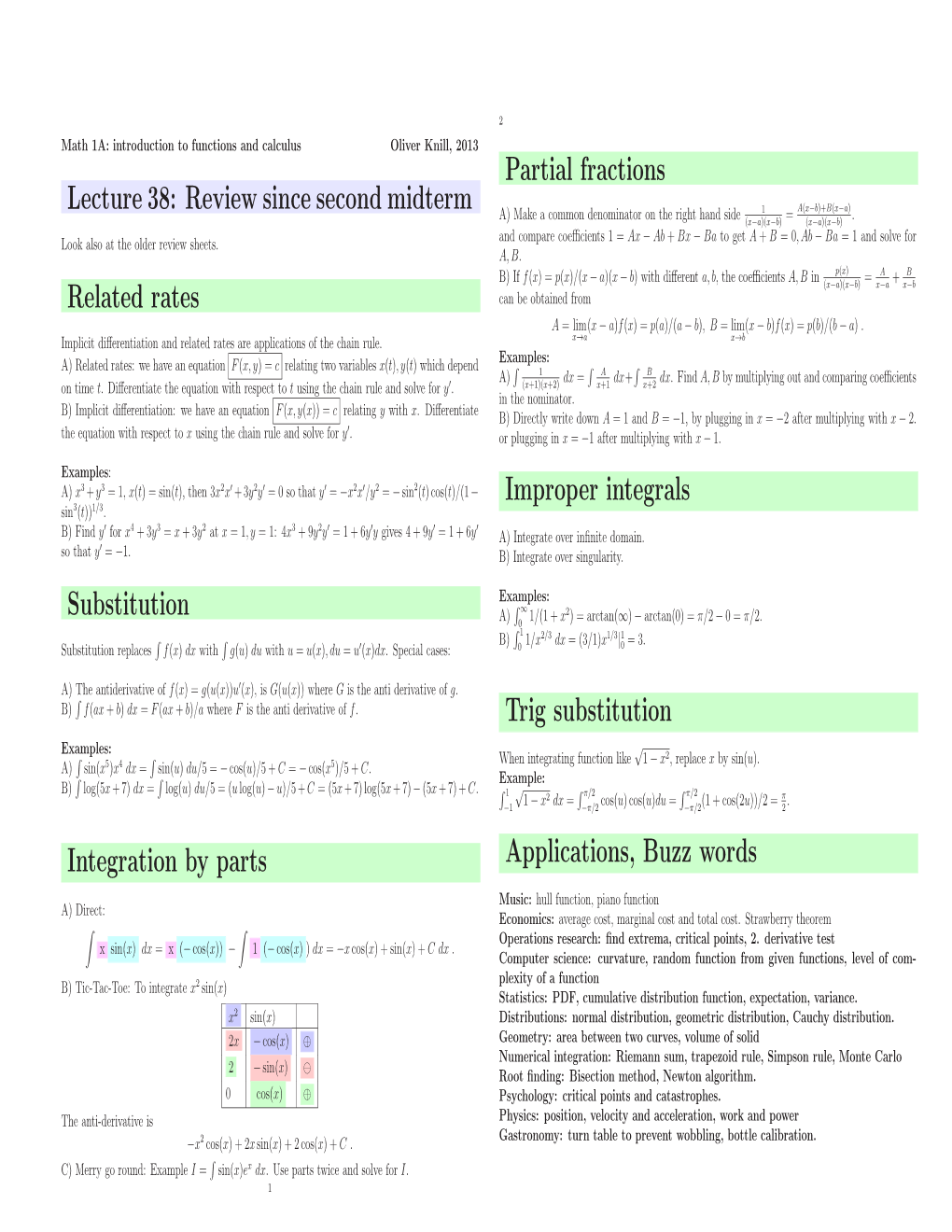 Review Since Second Midterm Related Rates Substitution Integration By