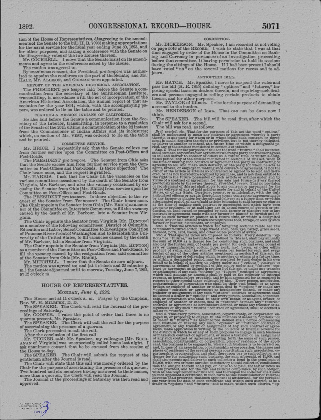 CONGRESSIONAL RECORD-HOUSE. 5071 Tion of the House of Representatives, Disagreeing to the A.Mend­ CORRECTION