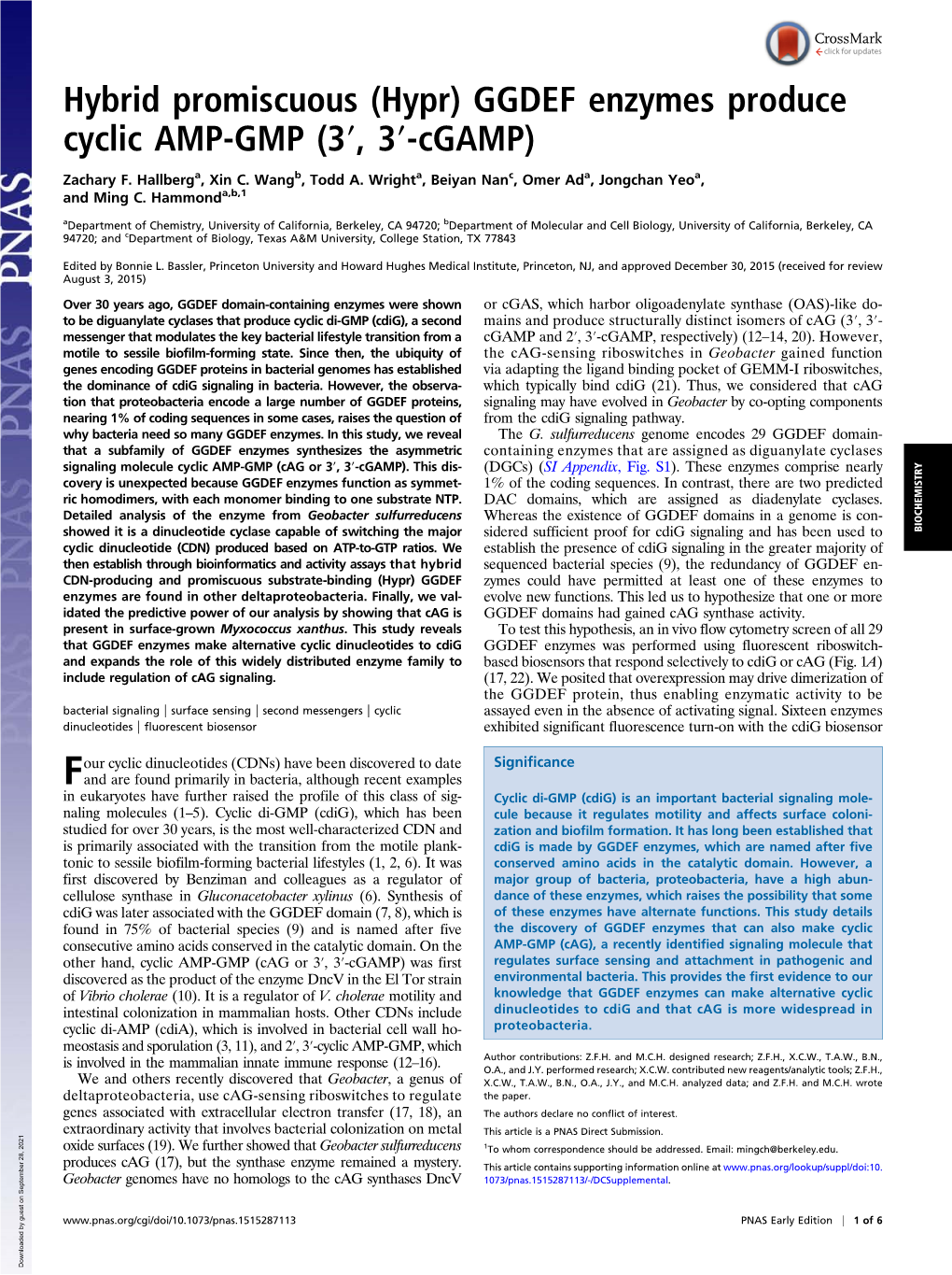 Hybrid Promiscuous (Hypr) GGDEF Enzymes Produce Cyclic AMP-GMP (3′, 3′-Cgamp)