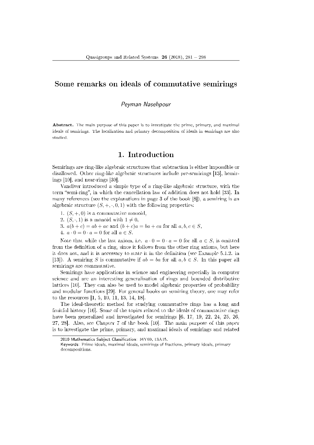 Some Remarks on Ideals of Commutative Semirings 1. Introduction