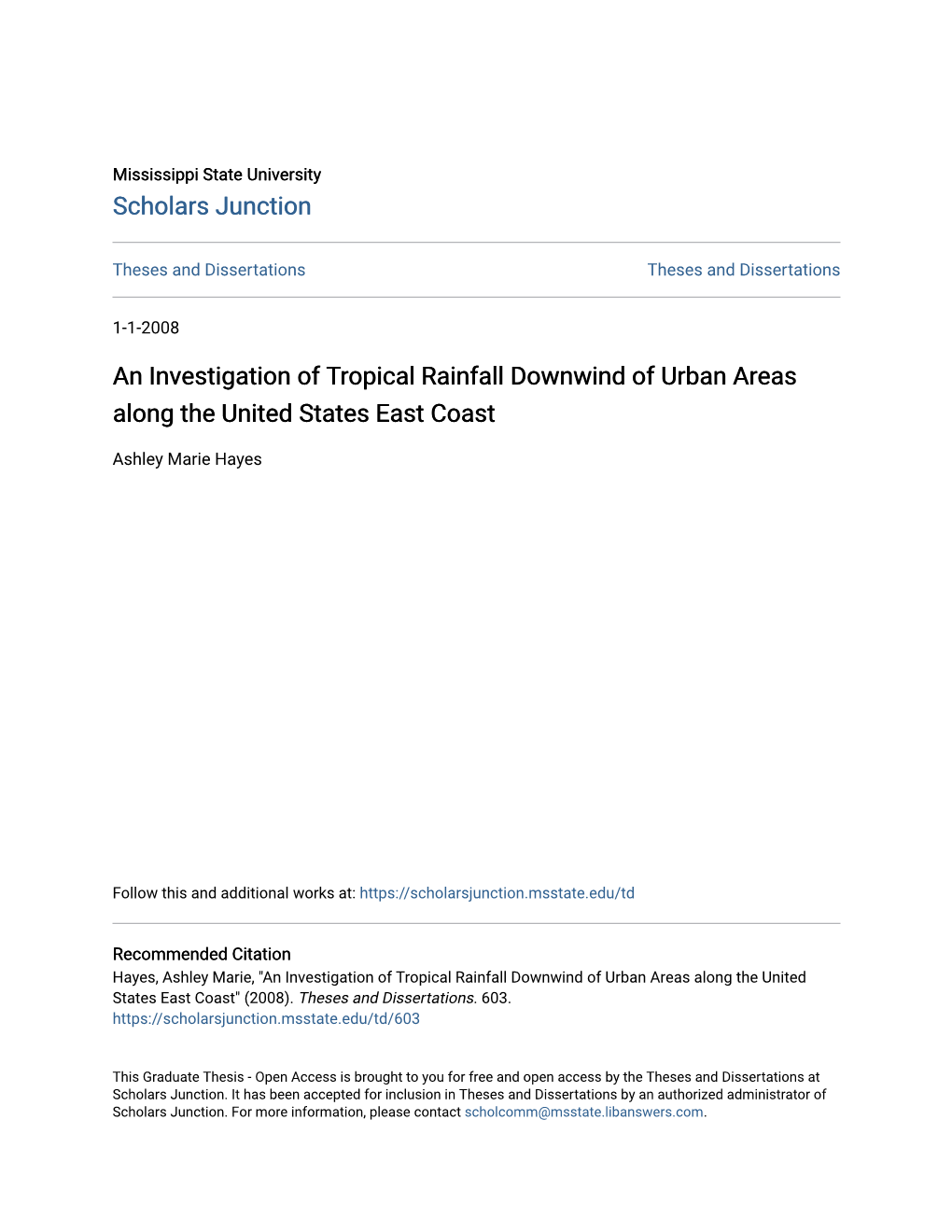 An Investigation of Tropical Rainfall Downwind of Urban Areas Along the United States East Coast