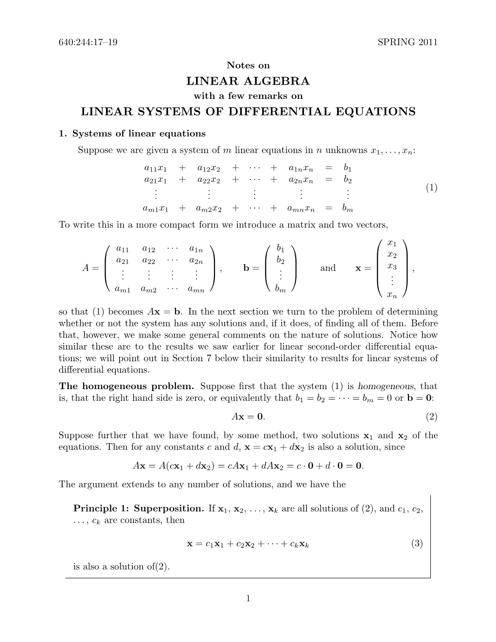 Notes on LINEAR ALGEBRA with a Few Remarks on LINEAR SYSTEMS of DIFFERENTIAL EQUATIONS