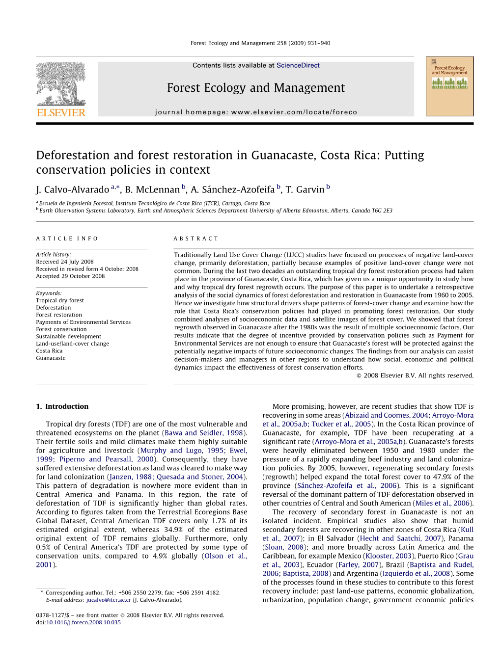 Deforestation and Forest Restoration in Guanacaste, Costa Rica: Putting Conservation Policies in Context