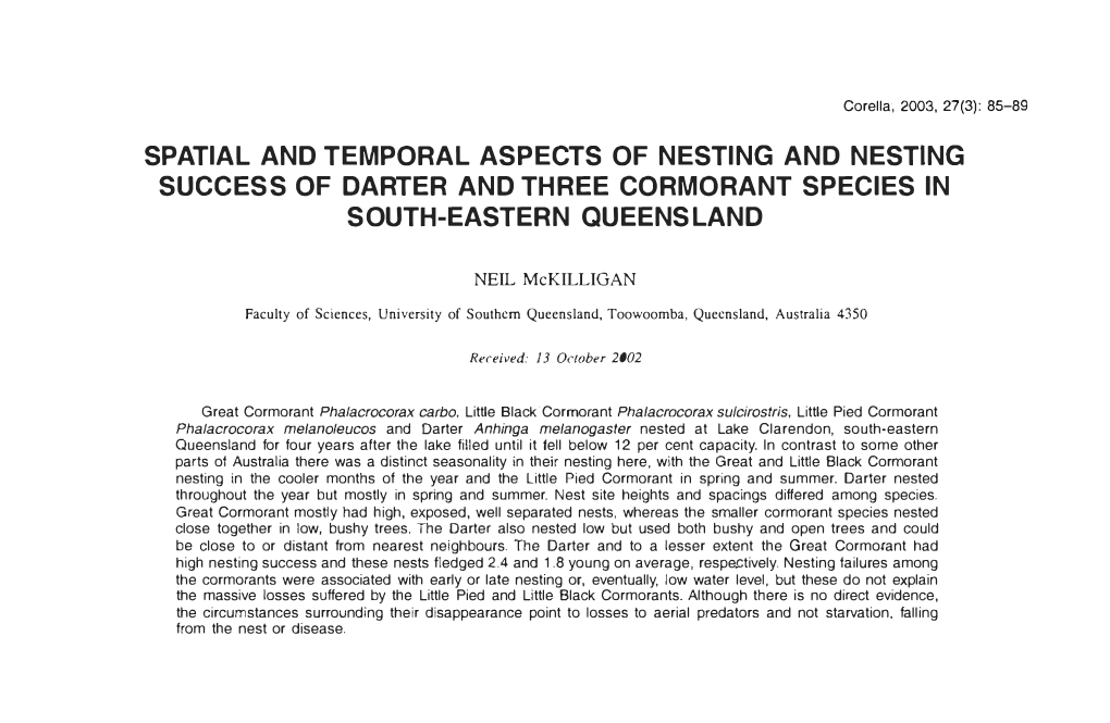 Spatial and Temporal Aspects of Nesting and Nesting Success of Darter and Three Cormorant Species in South-Eastern Queensland