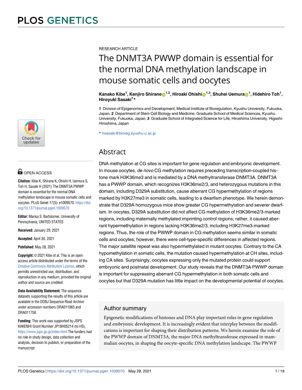 The DNMT3A PWWP Domain Is Essential for the Normal DNA Methylation Landscape in Mouse Somatic Cells and Oocytes