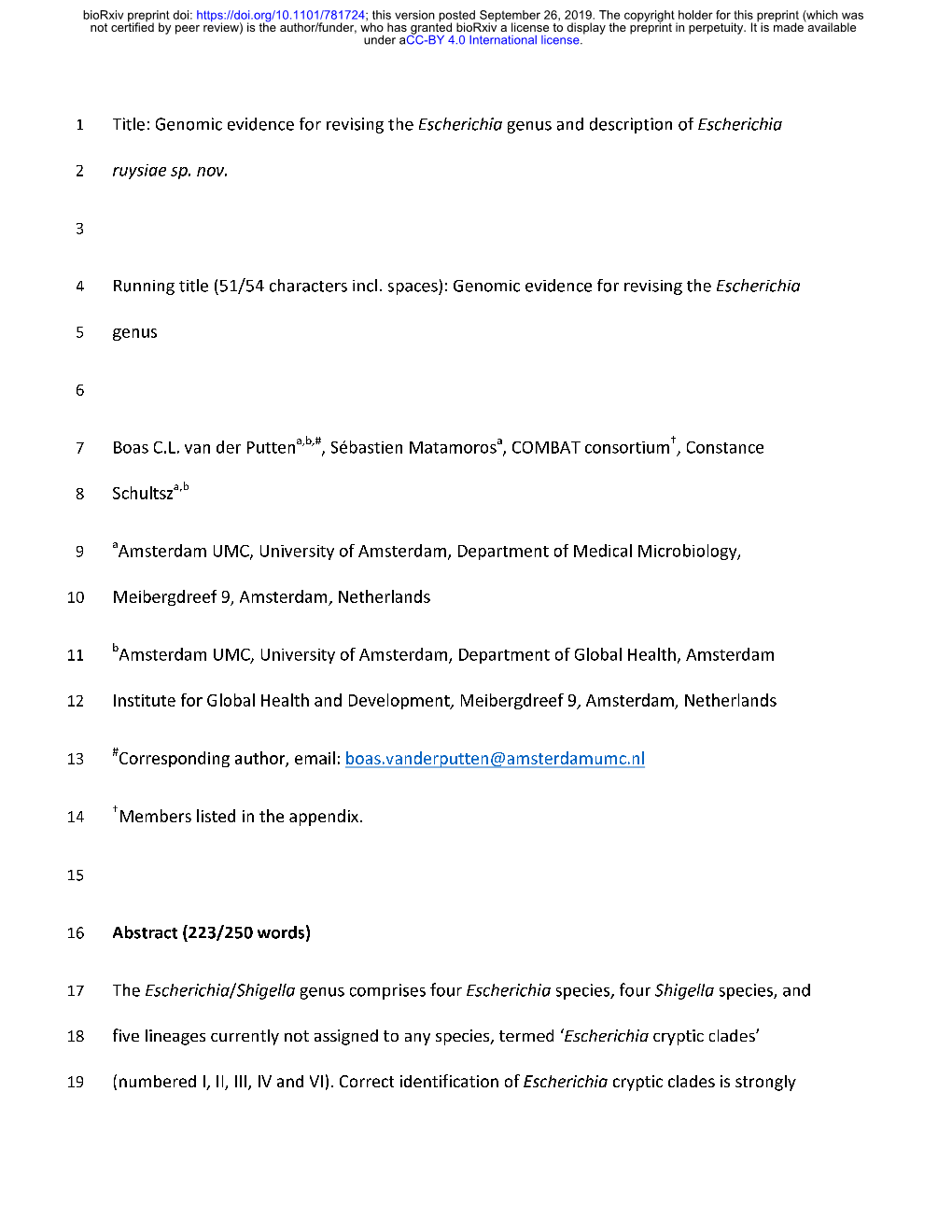 Genomic Evidence for Revising the Escherichia Genus and Description of Escherichia