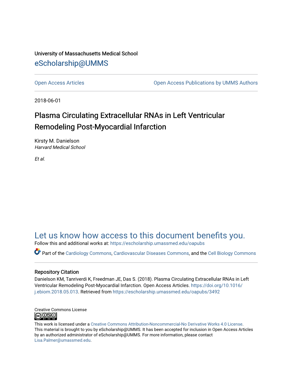 Plasma Circulating Extracellular Rnas in Left Ventricular Remodeling Post-Myocardial Infarction