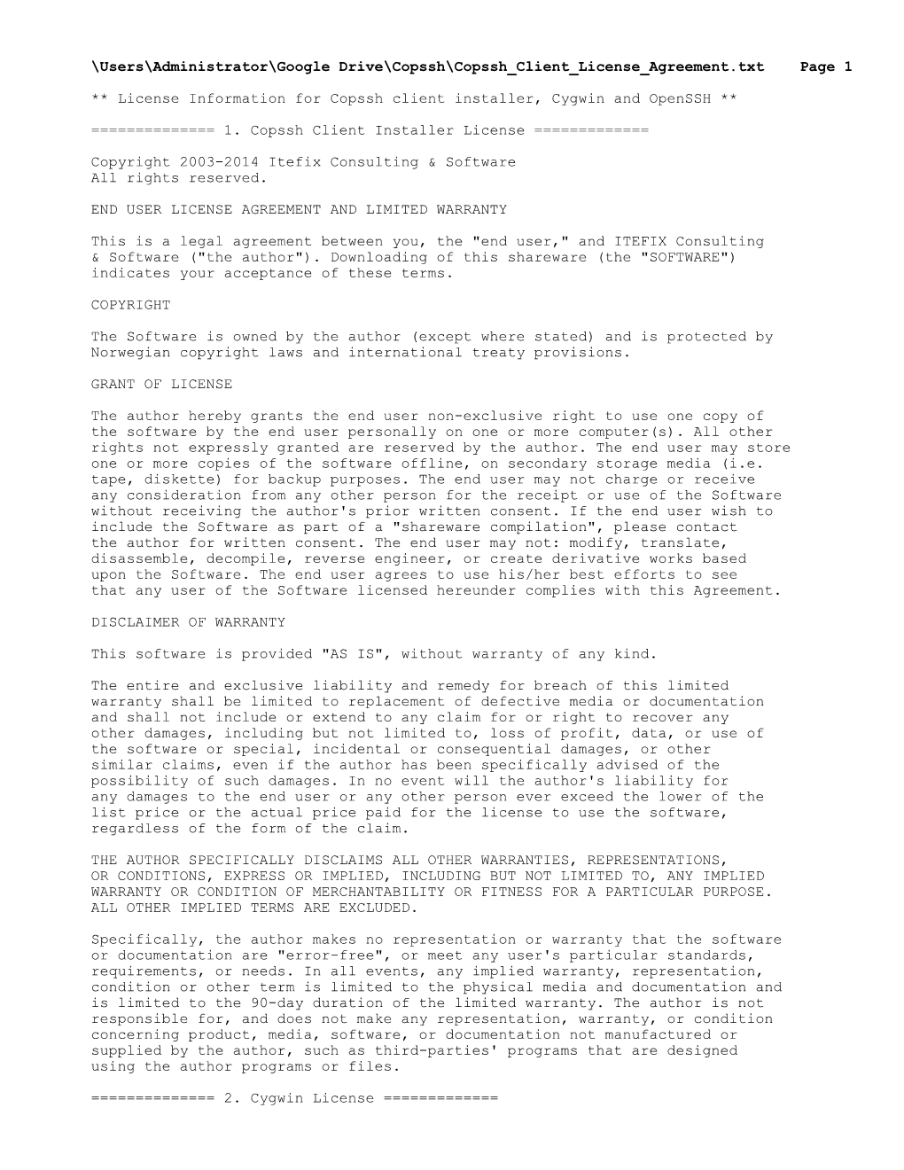 Users\Administrator\Google Drive\Copssh\Copssh Client License Agreement.Txt Page 1