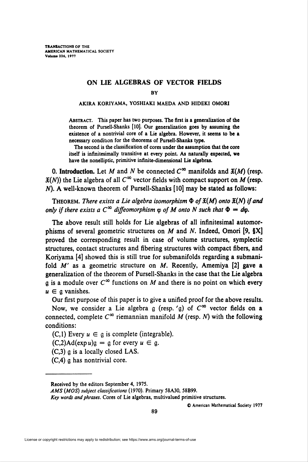 On Lie Algebras of Vector Fields with Invariant Submanifolds, Nagoya Math