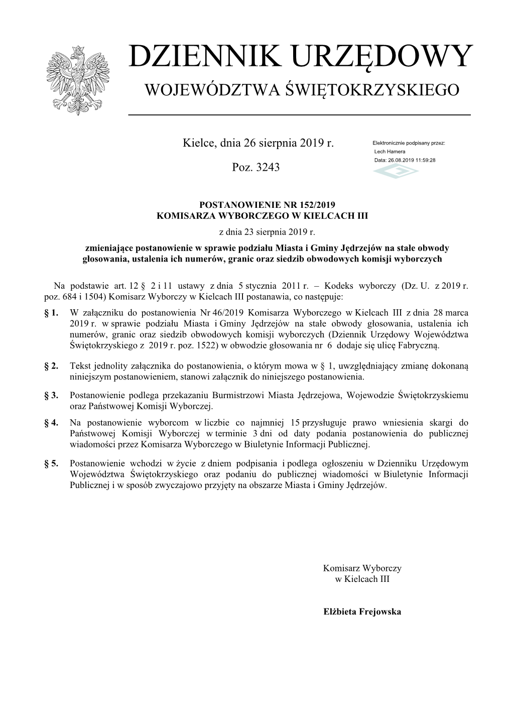 Postanowienie Nr 152/2019 Z Dnia 23 Sierpnia 2019 R