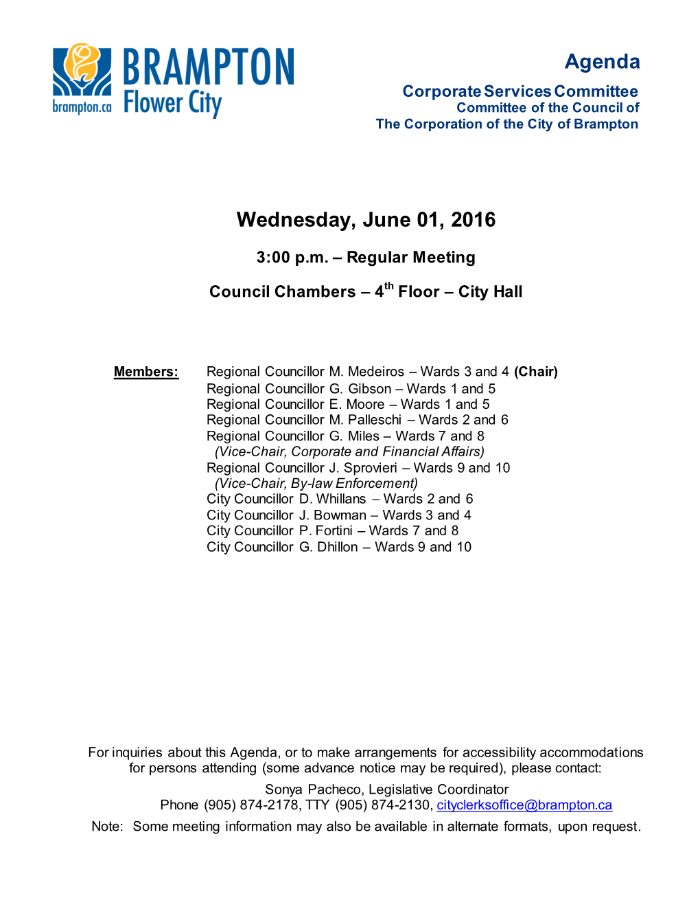 Corporate Services Committee Agenda for June 1, 2016