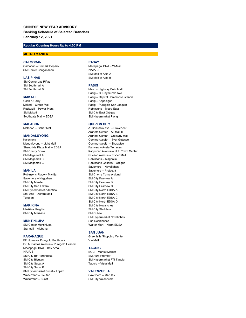 CHINESE NEW YEAR ADVISORY Banking Schedule of Selected Branches February 12, 2021