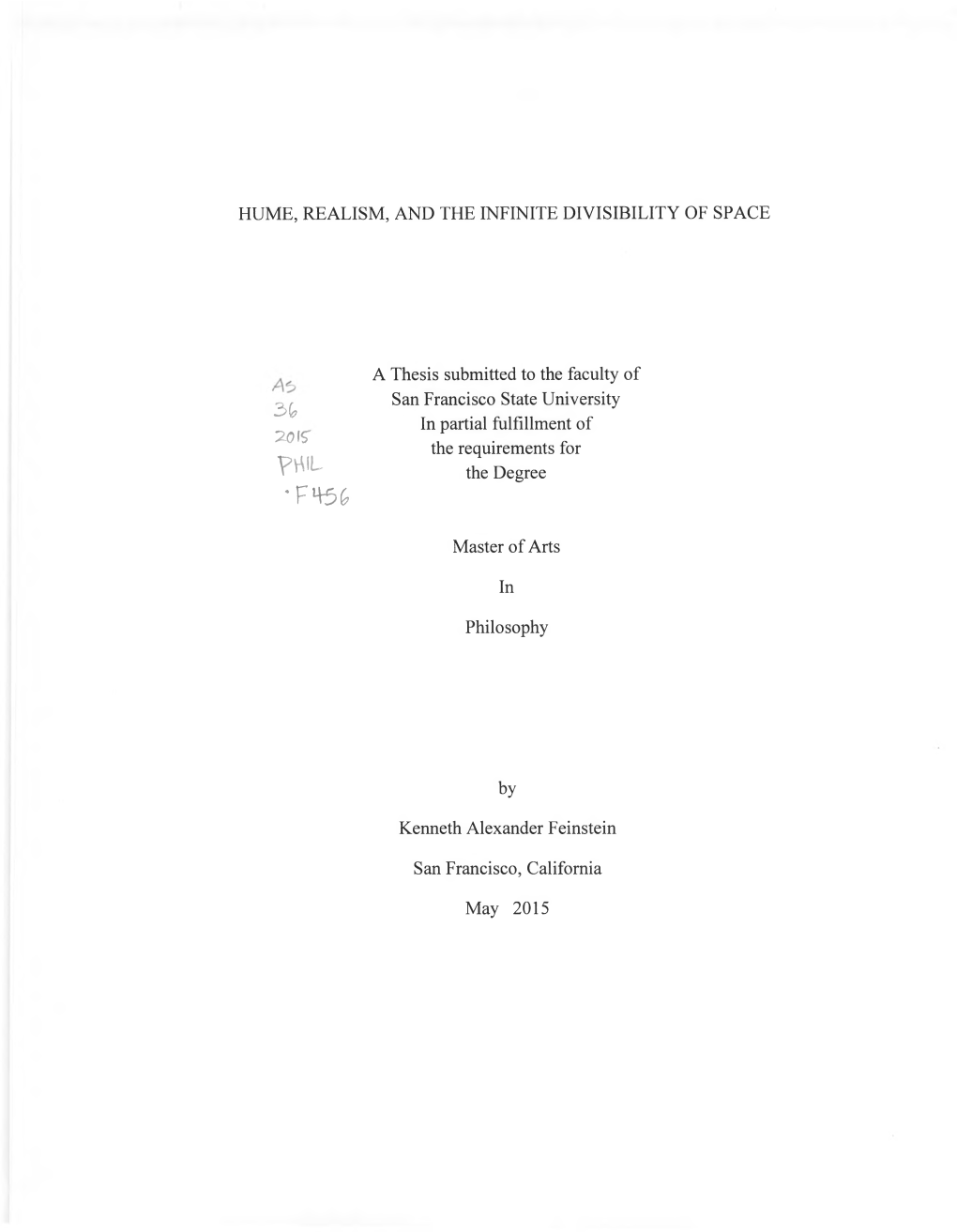 HUME, REALISM, and the INFINITE DIVISIBILITY of SPACE a Thesis