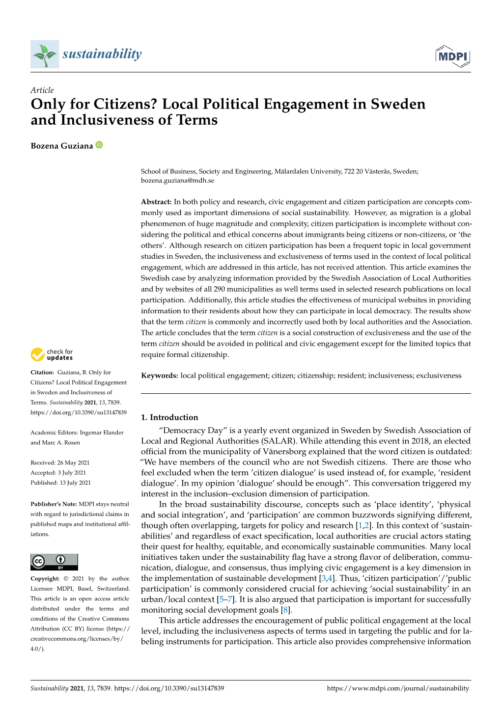 Only for Citizens? Local Political Engagement in Sweden and Inclusiveness of Terms