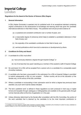 Regulations for the Award of the Doctor of Science (Dsc) Degree 1