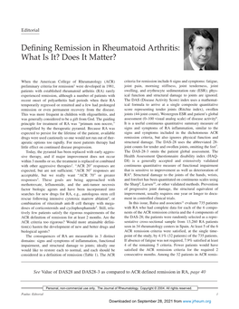 Defining Remission in Rheumatoid Arthritis: What Is It? Does It Matter?
