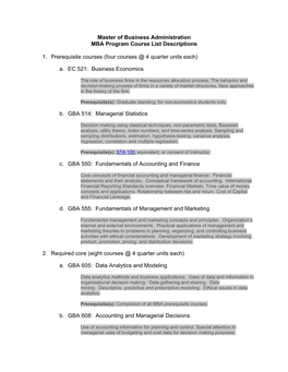 Master of Business Administration MBA Program Course List Descriptions