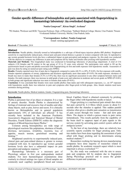 Gender Specific Difference of Belonephobia and Pain Associated with Fingerpricking in Haematology Laboratory: an Overlooked Diagnosis