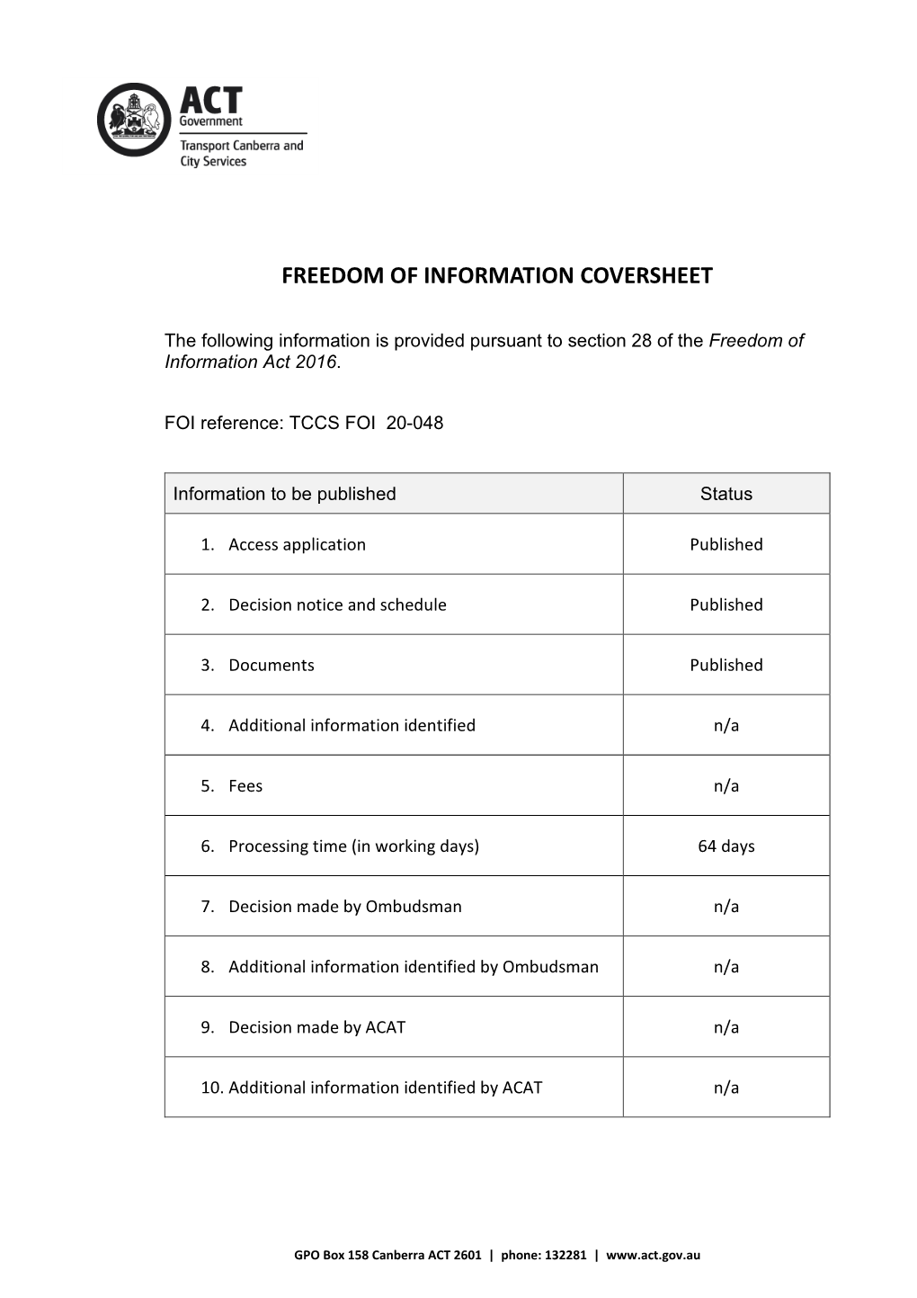 Freedom of Information Coversheet