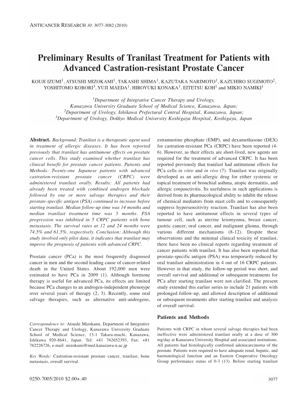 Preliminary Results of Tranilast Treatment for Patients with Advanced Castration-Resistant Prostate Cancer