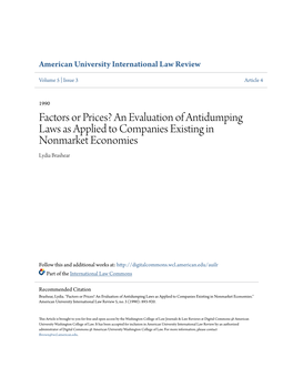 An Evaluation of Antidumping Laws As Applied to Companies Existing in Nonmarket Economies Lydia Brashear