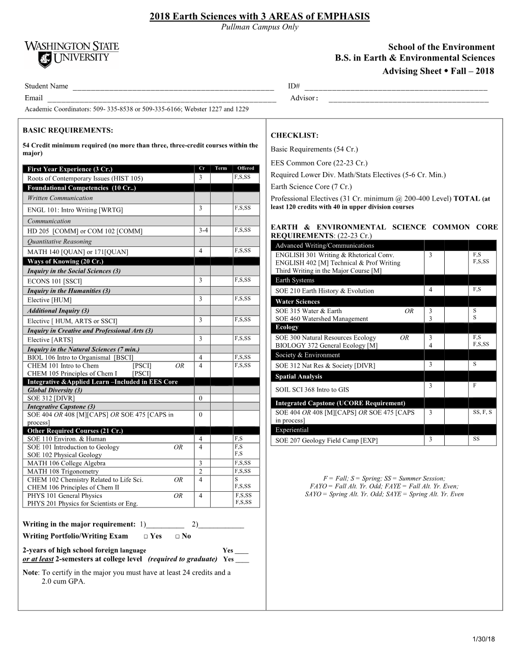 2018 Earth Sciences with 3 AREAS of EMPHASIS Pullman Campus Only