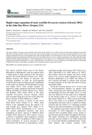 Rapid Range Expansion of Rusty Crayfish Orconectes Rusticus (Girard, 1852) in the John Day River, Oregon, USA