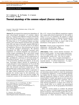 Thermal Physiology of the Common Eelpout (Zoarces Viviparus)