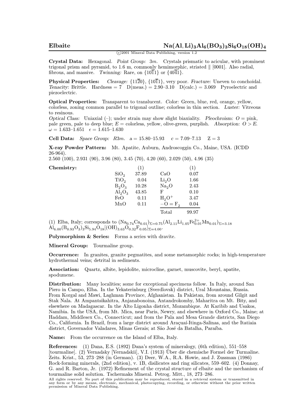 Elbaite Na(Al; Li)3Al6(BO3)3Si6o18(OH)4 C 2001 Mineral Data Publishing, Version 1.2 ° Crystal Data: Hexagonal