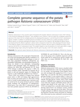Complete Genome Sequence of the Potato Pathogen Ralstonia Solanacearum UY031 Rodrigo Guarischi-Sousa1, Marina Puigvert2, Núria S