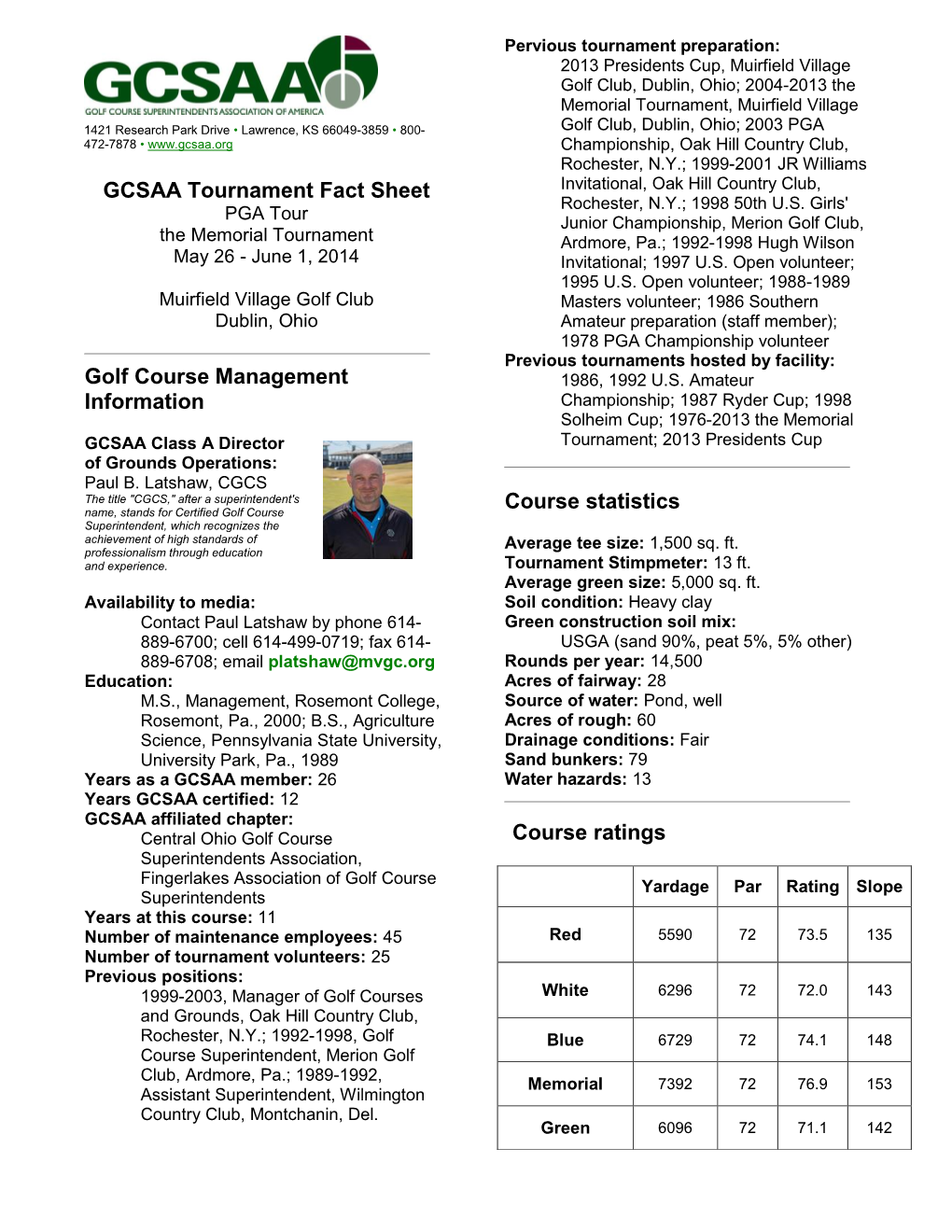 GCSAA Tournament Fact Sheet Golf Course Management Information