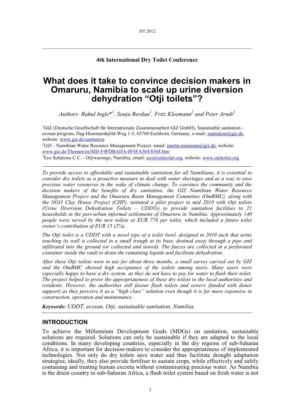 What Does It Take to Convince Decision Makers in Omaruru, Namibia to Scale up Urine Diversion Dehydration “Otji Toilets”?