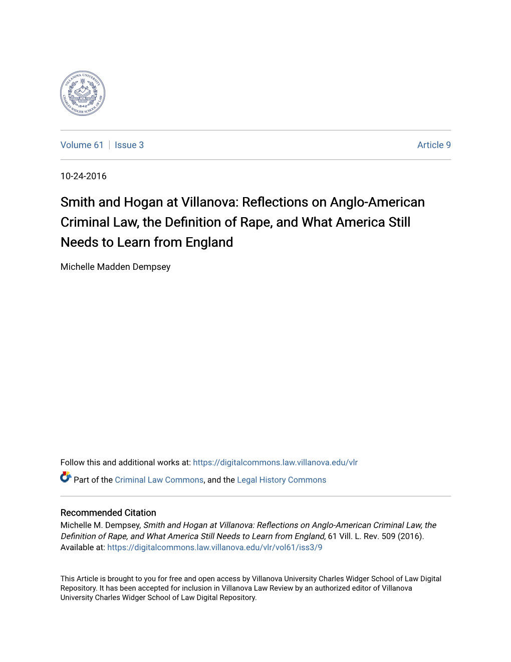 Smith and Hogan at Villanova: Reflections on Anglo-American Criminal Law, the Definition of Rape, and What America Still Needs to Learn from England