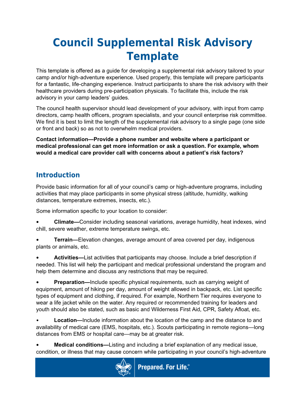 Council Supplemental Risk Advisory Template