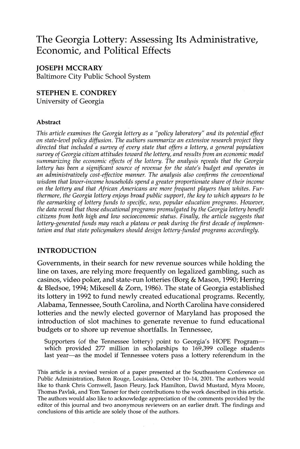 The Georgia Lottery: Assessing Its Administrative, Economic, and Political Effects