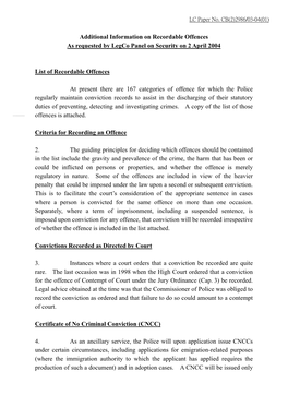 Additional Information on Recordable Offences As Requested by Legco Panel on Security on 2 April 2004