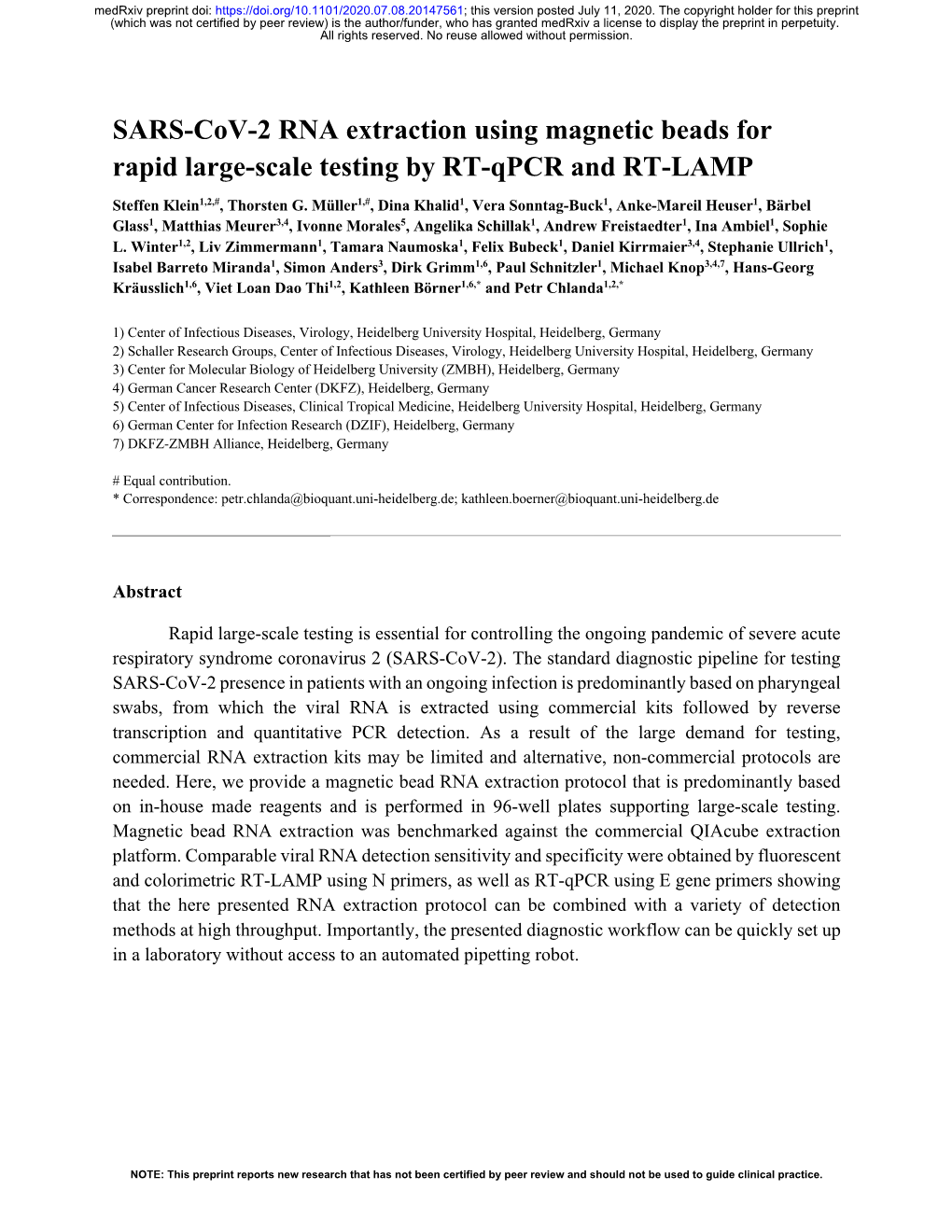 SARS-Cov-2 RNA Extraction Using Magnetic Beads for Rapid Large-Scale Testing by RT-Qpcr and RT-LAMP Steffen Klein1,2,#, Thorsten G