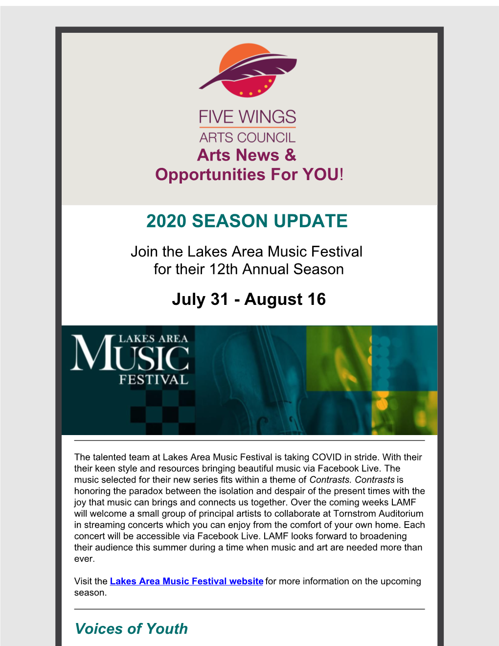 Lakes Area Music Festival Announces 2020 Season Update